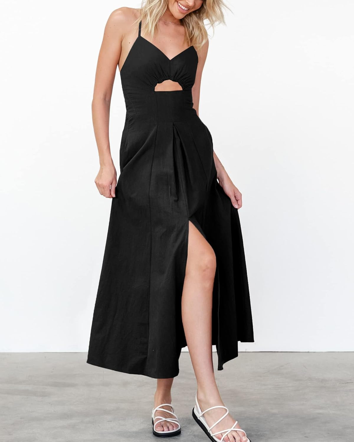 Women 2025 Summer Spaghetti Strap Midi Dress Sleeveless V Neck Cutout Slit Casual Beach Party Maxi Dresses Pockets
