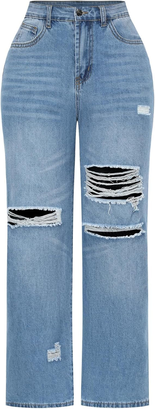 Womens High Waisted Wide Leg Jeans Stretchy Distressed Denim Pants