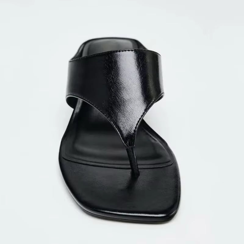 Spring Summer New Mid Heel Sandals Women'S Slimming High Heels Flat Head Toe Straps Shoes Comfortable Breathable Slip-On Sandals