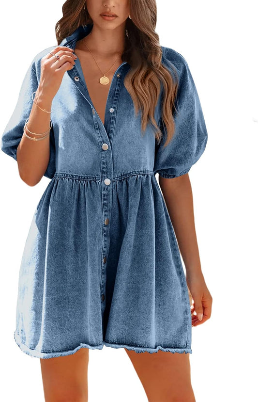 Womens Summer Denim Dress Button down Short Sleeve Babydoll Dress Puff Sleeve Flowy Jean Dress