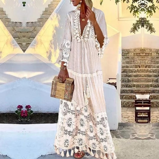 Holiday Dress Solid Hollow Out V-Neck Lace Sexy Dresses Bohemian Style Big Size Dress Vestidos Tassel Sexy Boho Long Dress Women
