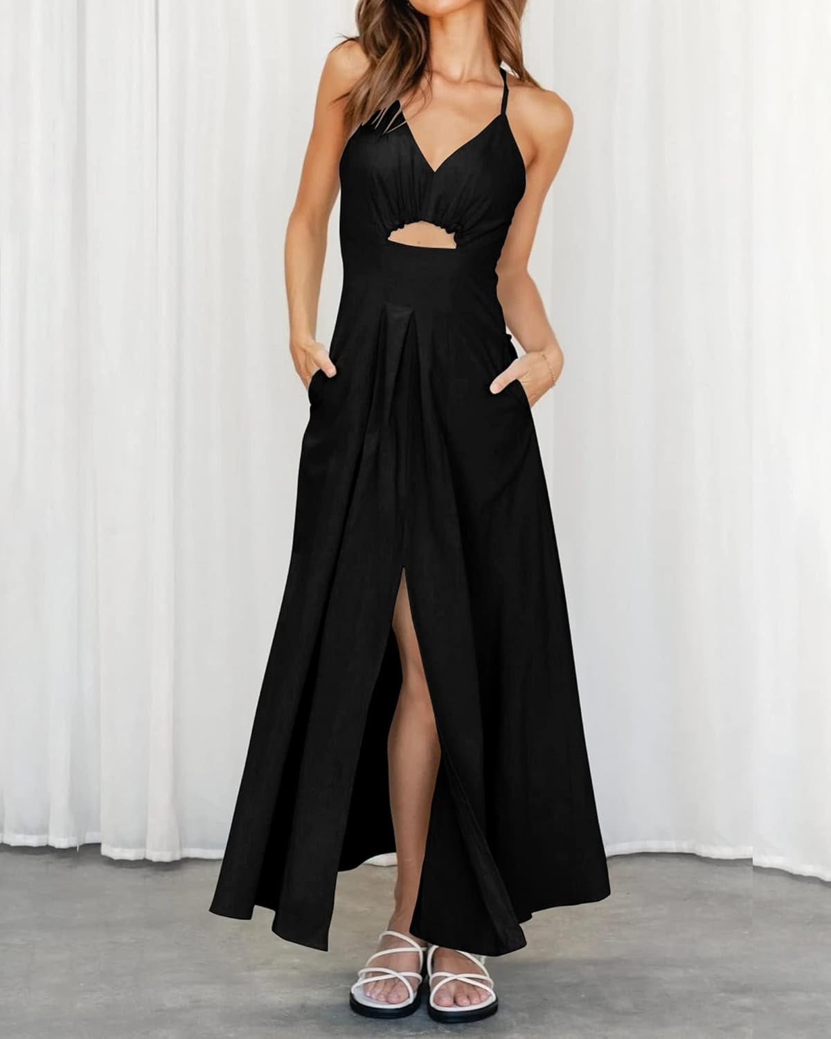 Women 2025 Summer Spaghetti Strap Midi Dress Sleeveless V Neck Cutout Slit Casual Beach Party Maxi Dresses Pockets
